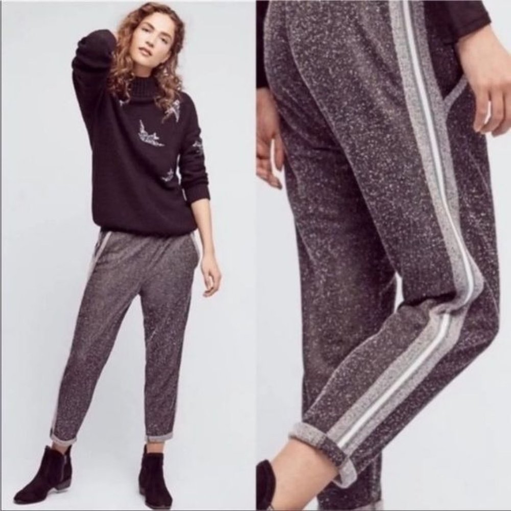 Anthropologie Hei Hei Varsity Charcoal Sparkle Side Stripe Detail Crop Joggers